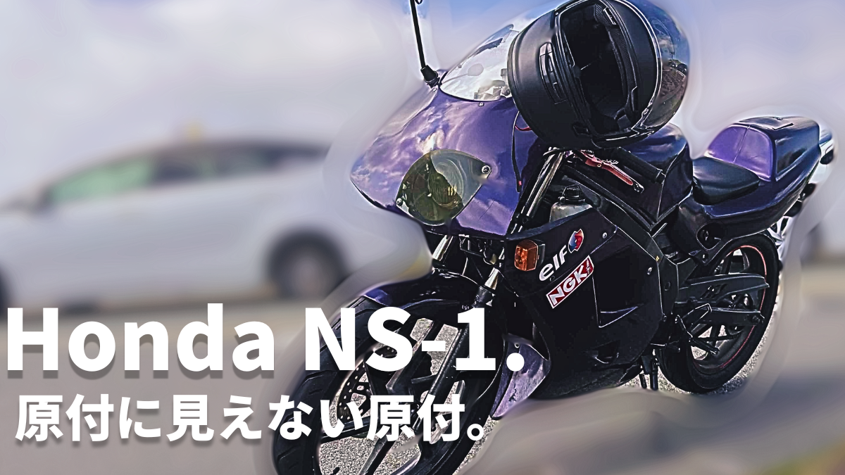 Honda NS-1（紫）を斜め前から撮影した写真。フロントカウル、ヘルメット、elf・NGKステッカーが見える